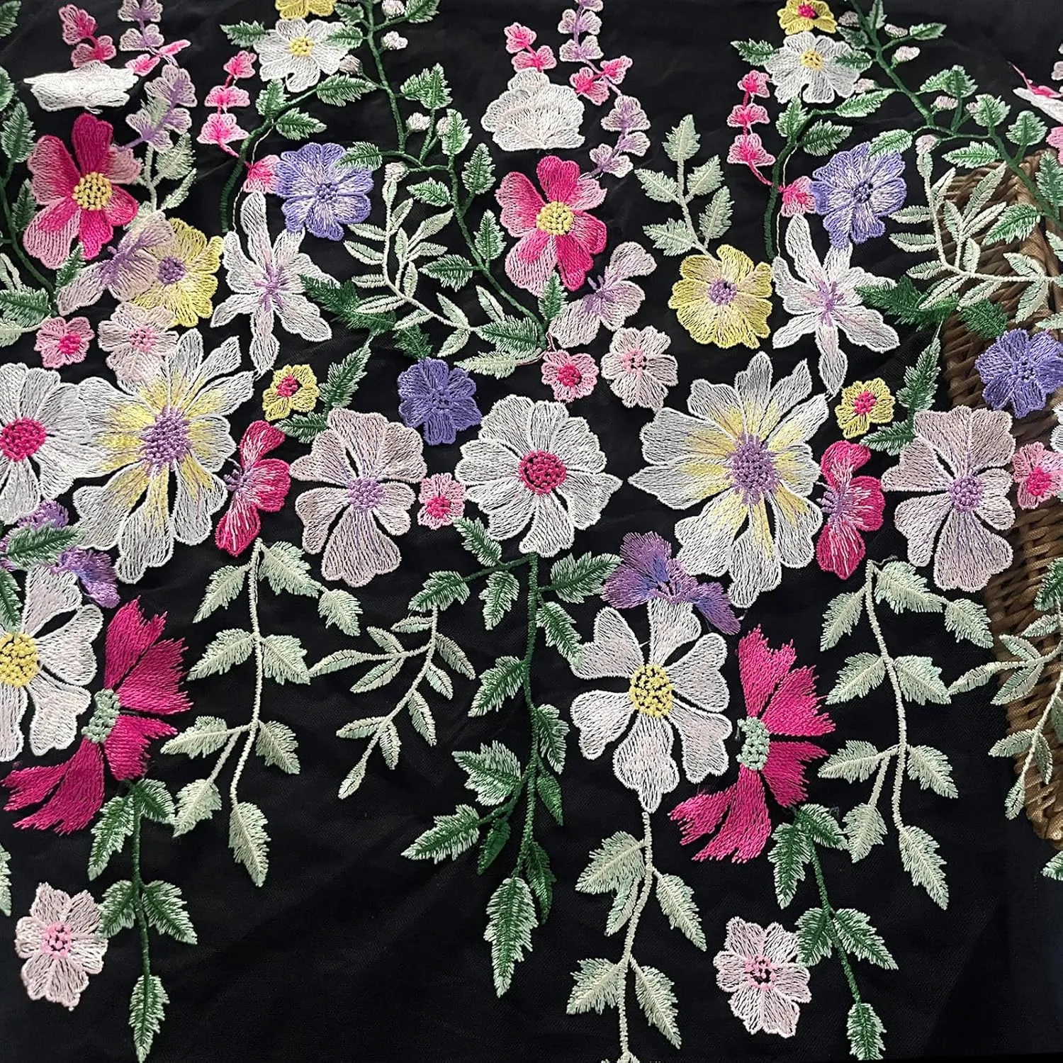 Floral Embroidered Lace Fabric, Pink, Purple, Yellow Flowers on Gray Background (Black mesh, Cut by The Yard)