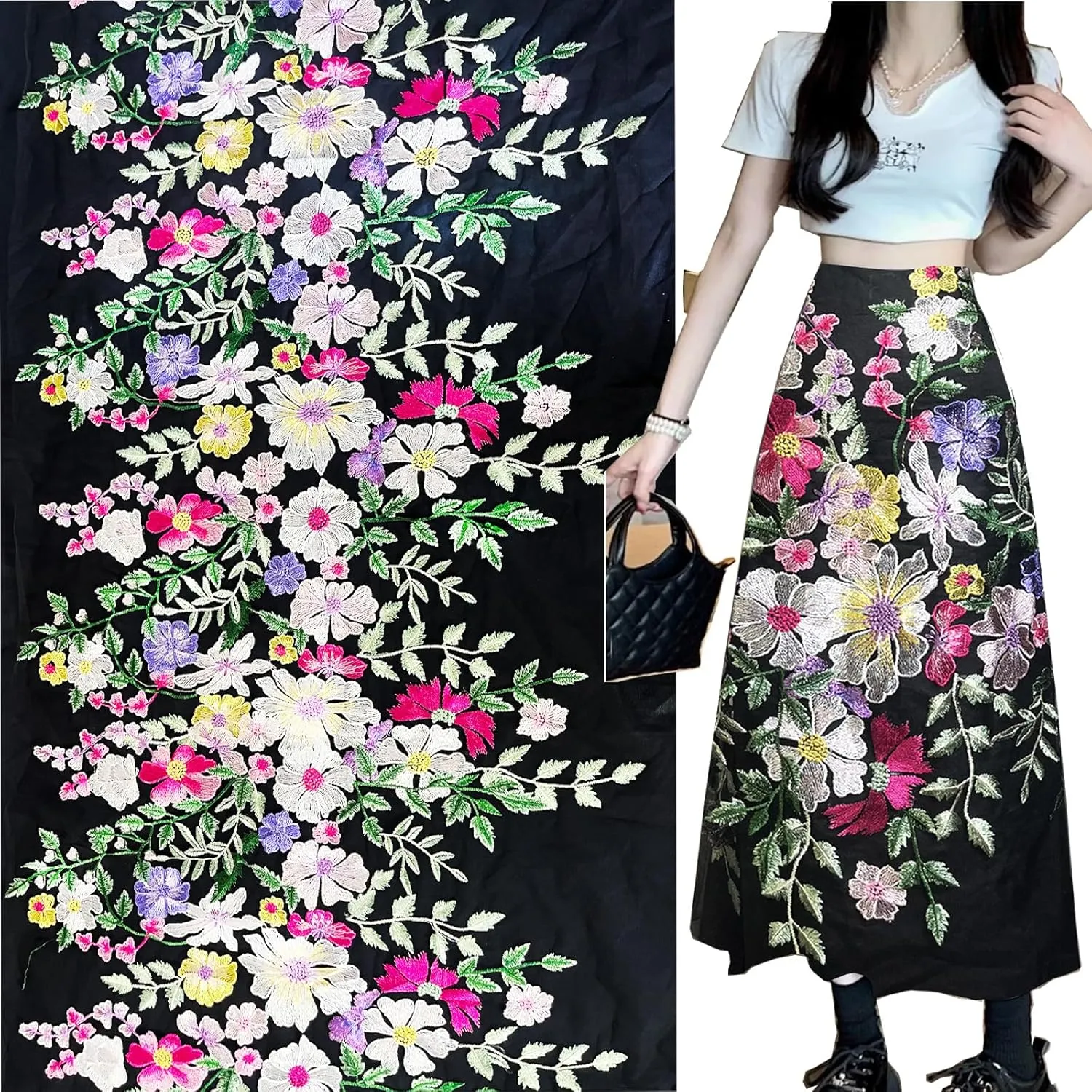 Floral Embroidered Lace Fabric, Pink, Purple, Yellow Flowers on Gray Background (Black mesh, Cut by The Yard)