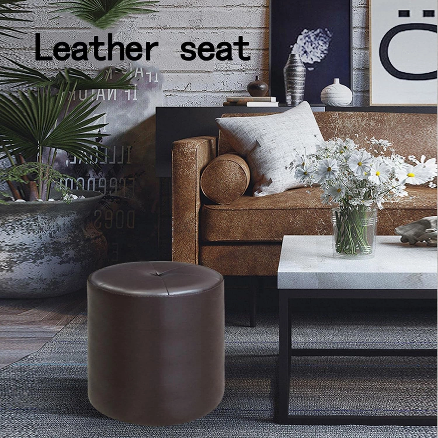 Footstool Ottomans Foot Stool Ottomans Foot Stool Cowhide Footstool Round Foot Stools Shoe Change Stool Pouffe Footstool Ottomans for The Bedroom Ottomans for Living Room, Khaki- 3