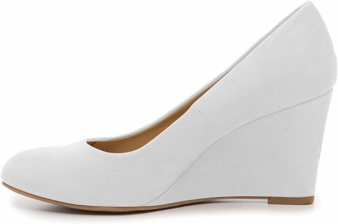 FOWT Women's Classic Wedge Pumps Basic Closed Almond Toe Thick High Heels Slip On Comfy Shoes Casual Dress Comfort Soft Walking Shoes, Nude US Size 4-16 M