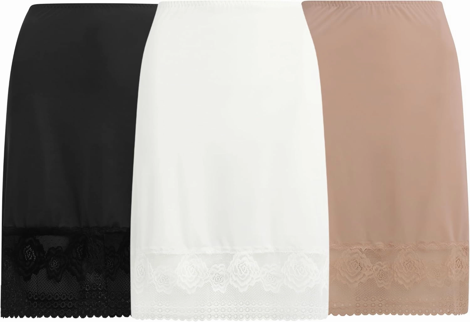 Free to Live 3 Pack Women's Half Slip with Floral Lace, Above the Knee Length Underskirt - Extender