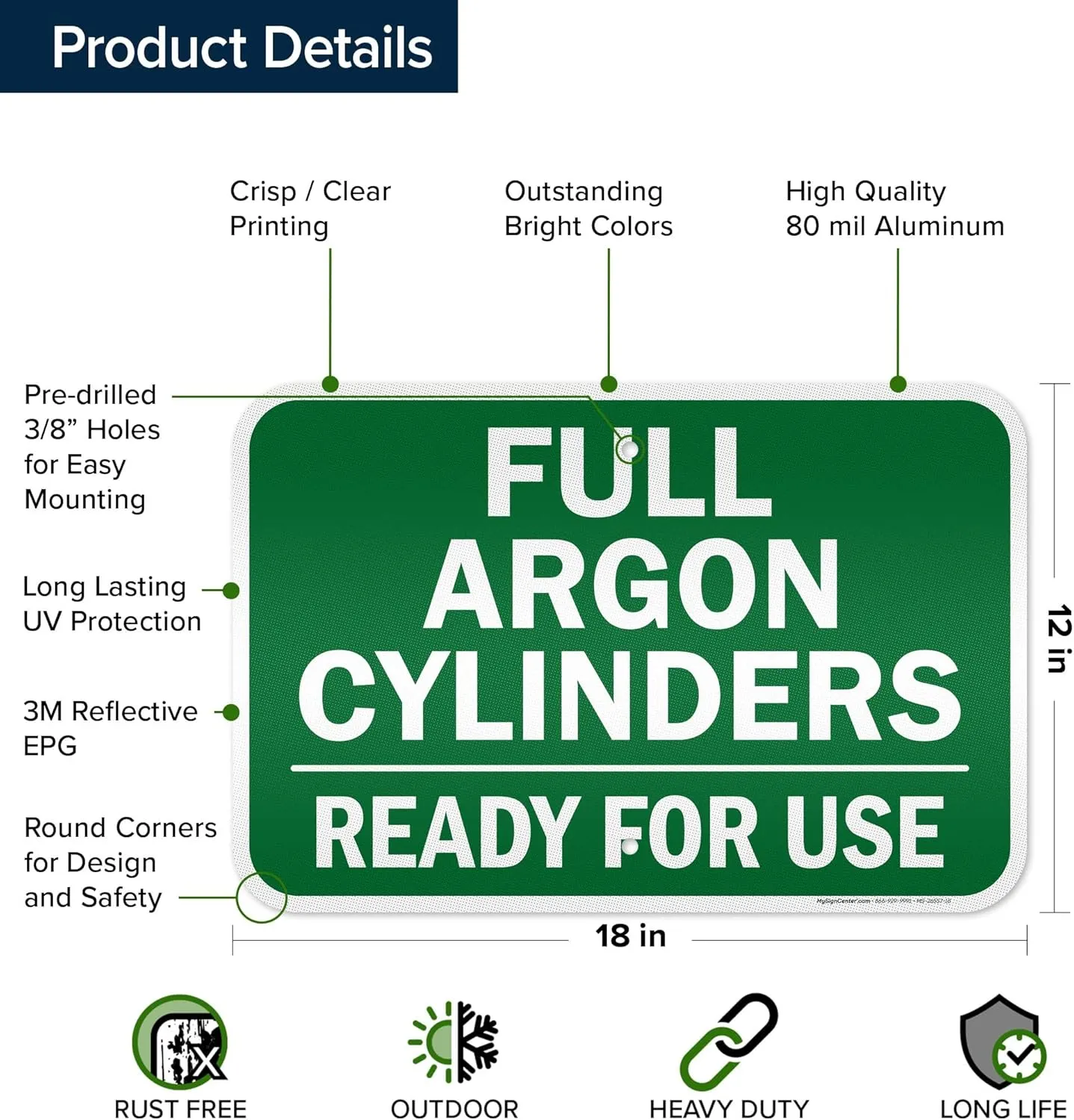 Full Argon Cylinders Sign, 12x18 Inches, 3M EGP Reflective .063 Aluminum, Fade Resistant, Made in USA by My Sign Center