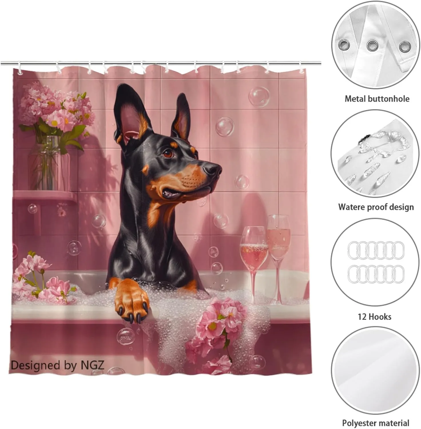 Funny Doberman Shower Curtain, SPA Doberman with Wine, Pink Shower Curtain, 72x72 Inches Floral Shower Curtains for Bathroom, Bath Curtains Set with 12 Hooks