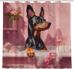 Funny Doberman Shower Curtain, SPA Doberman with Wine, Pink Shower Curtain, 72x72 Inches Floral Shower Curtains for Bathroom, Bath Curtains Set with 12 Hooks