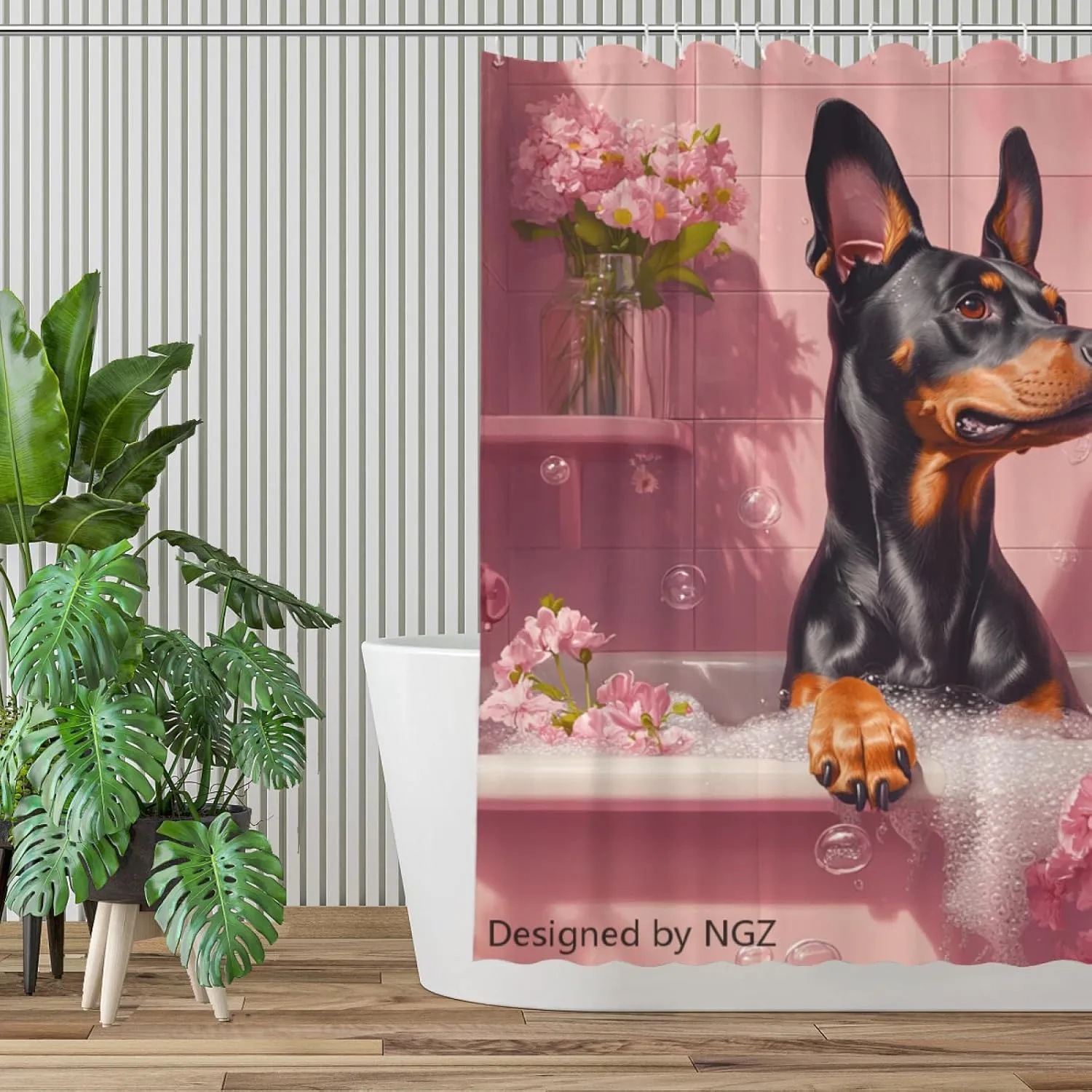 Funny Doberman Shower Curtain, SPA Doberman with Wine, Pink Shower Curtain, 72x72 Inches Floral Shower Curtains for Bathroom, Bath Curtains Set with 12 Hooks