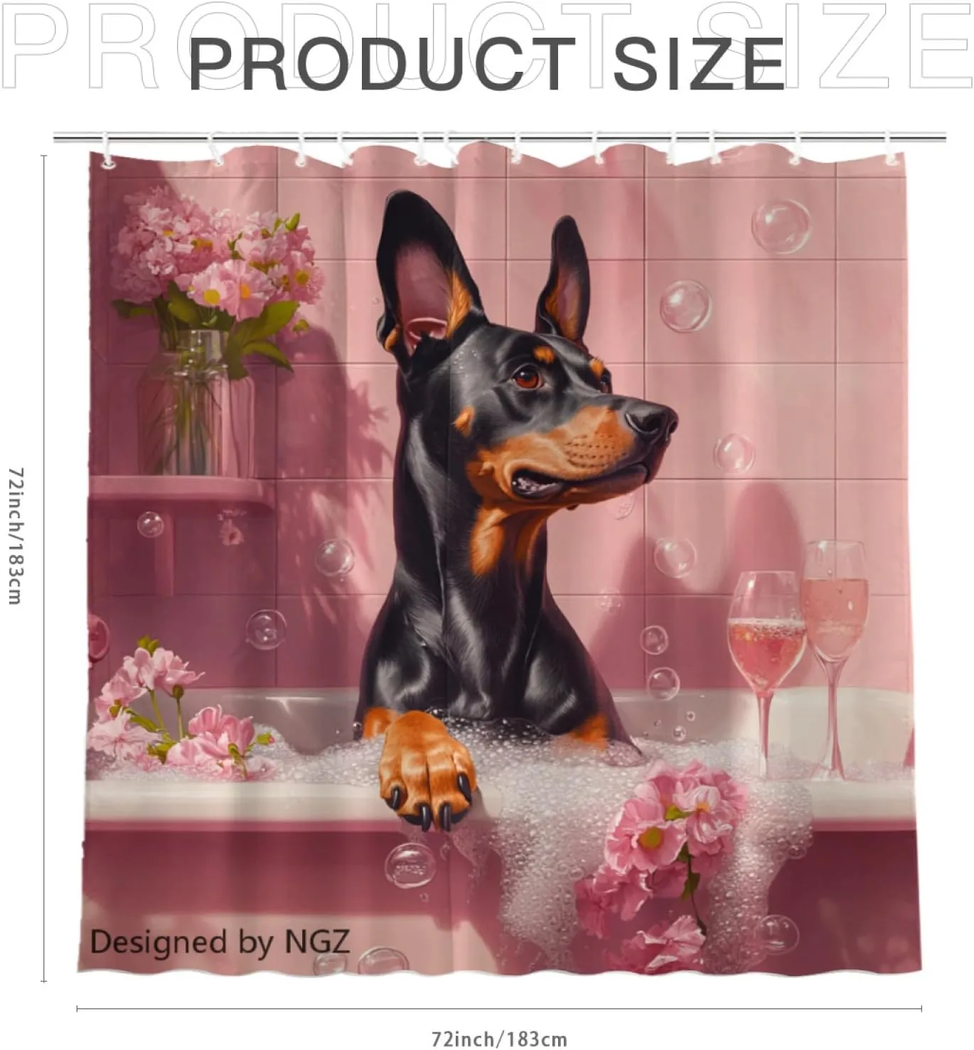 Funny Doberman Shower Curtain, SPA Doberman with Wine, Pink Shower Curtain, 72x72 Inches Floral Shower Curtains for Bathroom, Bath Curtains Set with 12 Hooks