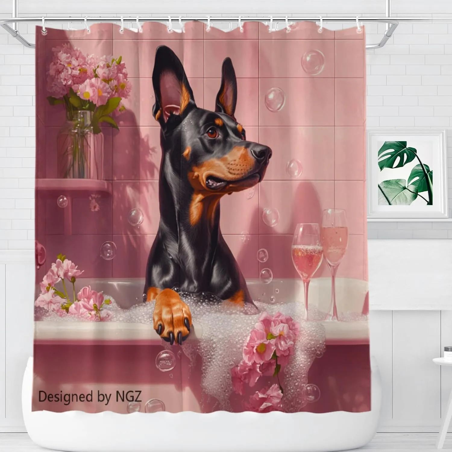 Funny Doberman Shower Curtain, SPA Doberman with Wine, Pink Shower Curtain, 72x72 Inches Floral Shower Curtains for Bathroom, Bath Curtains Set with 12 Hooks