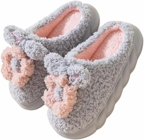 Fuzzy Knit House Slippers with Pom Poms, Women's & Men's Indoor Warm Slippers (gray, Adult, Women, 8, Numeric, US Footwear Size System, Medium)
