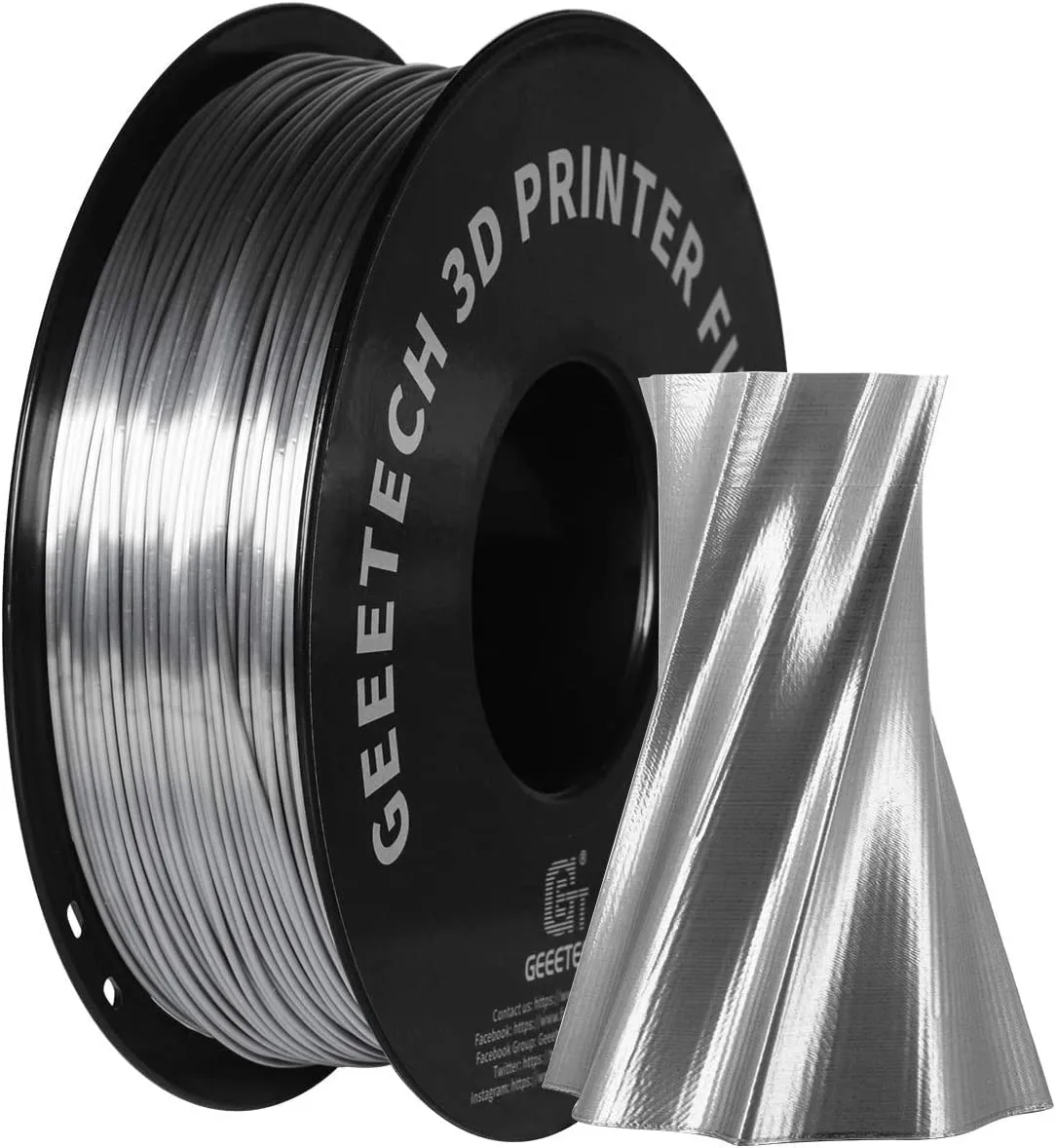 Geeetech Silk PLA Filament 1.75mm for 3D Printer, Metal-Like Shiny Consumable 1kg (2.2lbs) 1 Spool, Dimensional Accuracy  /- 0.03 mm,Metallic Silver