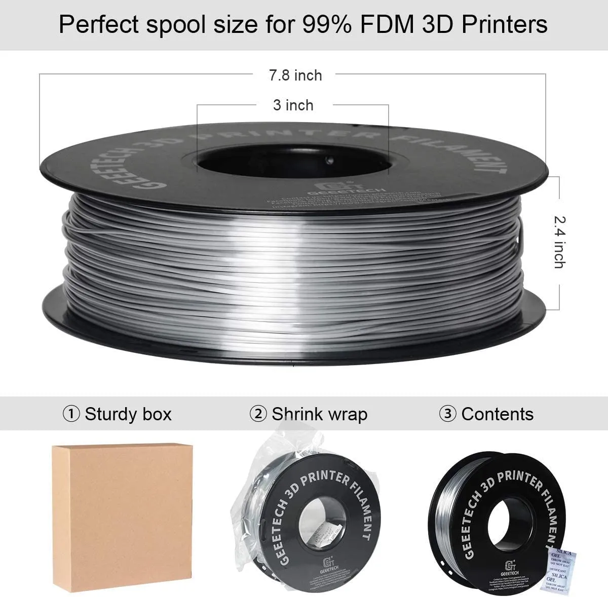 Geeetech Silk PLA Filament 1.75mm for 3D Printer, Metal-Like Shiny Consumable 1kg (2.2lbs) 1 Spool, Dimensional Accuracy  /- 0.03 mm,Metallic Silver
