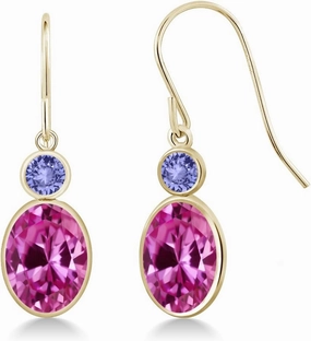Gem Stone King 14K Yellow Gold Pink Created Sapphire and Blue Tanzanite Hook French Fish Ear Wire Dangle Earrings For Women (3.54 Cttw, Gemstone September Birthstone, Oval 8X6MM, Round 3MM)