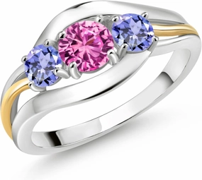 Gem Stone King 925 Sterling Silver and 10K Yellow Gold Round Pink Created Sapphire and Blue Tanzanite 3 Stone Ring For Women (1.15 Cttw, Available In Size 5, 6, 7, 8, 9)