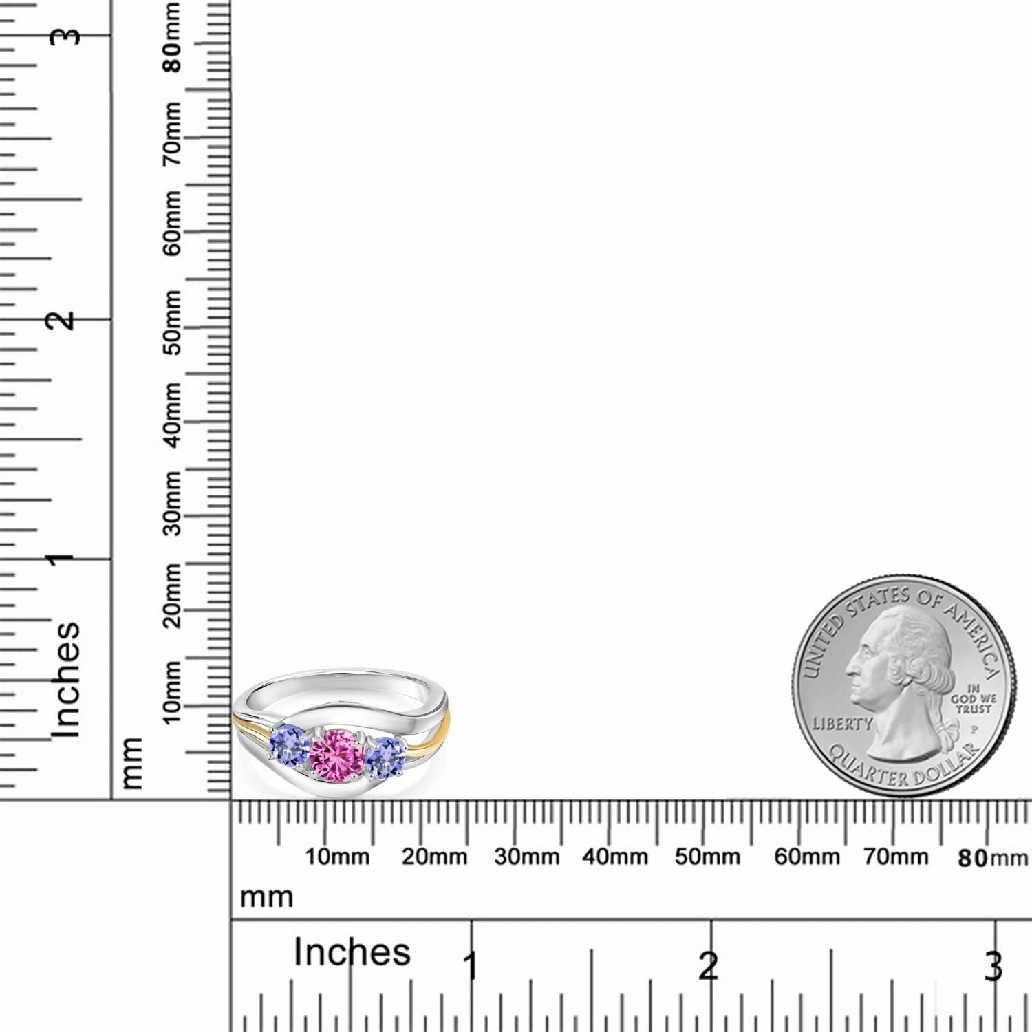 Gem Stone King 925 Sterling Silver and 10K Yellow Gold Round Pink Created Sapphire and Blue Tanzanite 3 Stone Ring For Women (1.15 Cttw, Available In Size 5, 6, 7, 8, 9)