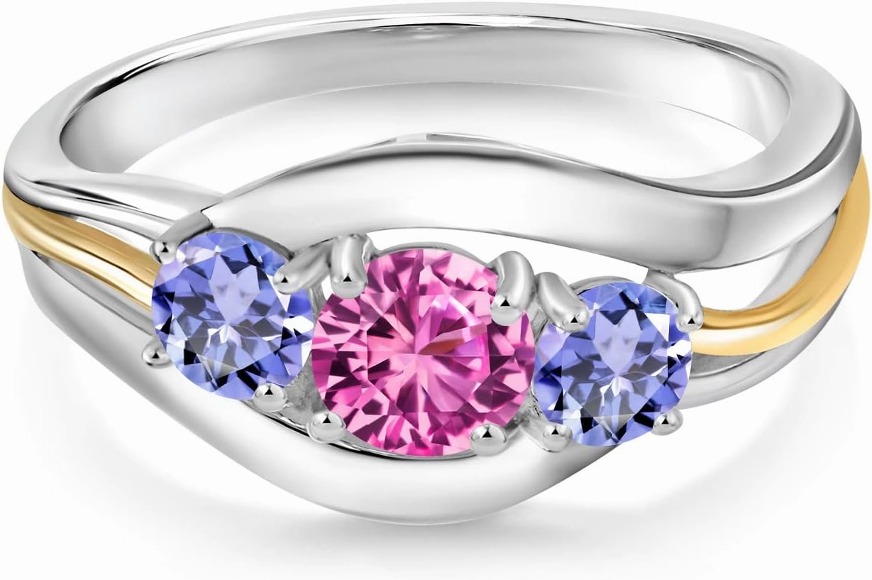 Gem Stone King 925 Sterling Silver and 10K Yellow Gold Round Pink Created Sapphire and Blue Tanzanite 3 Stone Ring For Women (1.15 Cttw, Available In Size 5, 6, 7, 8, 9)