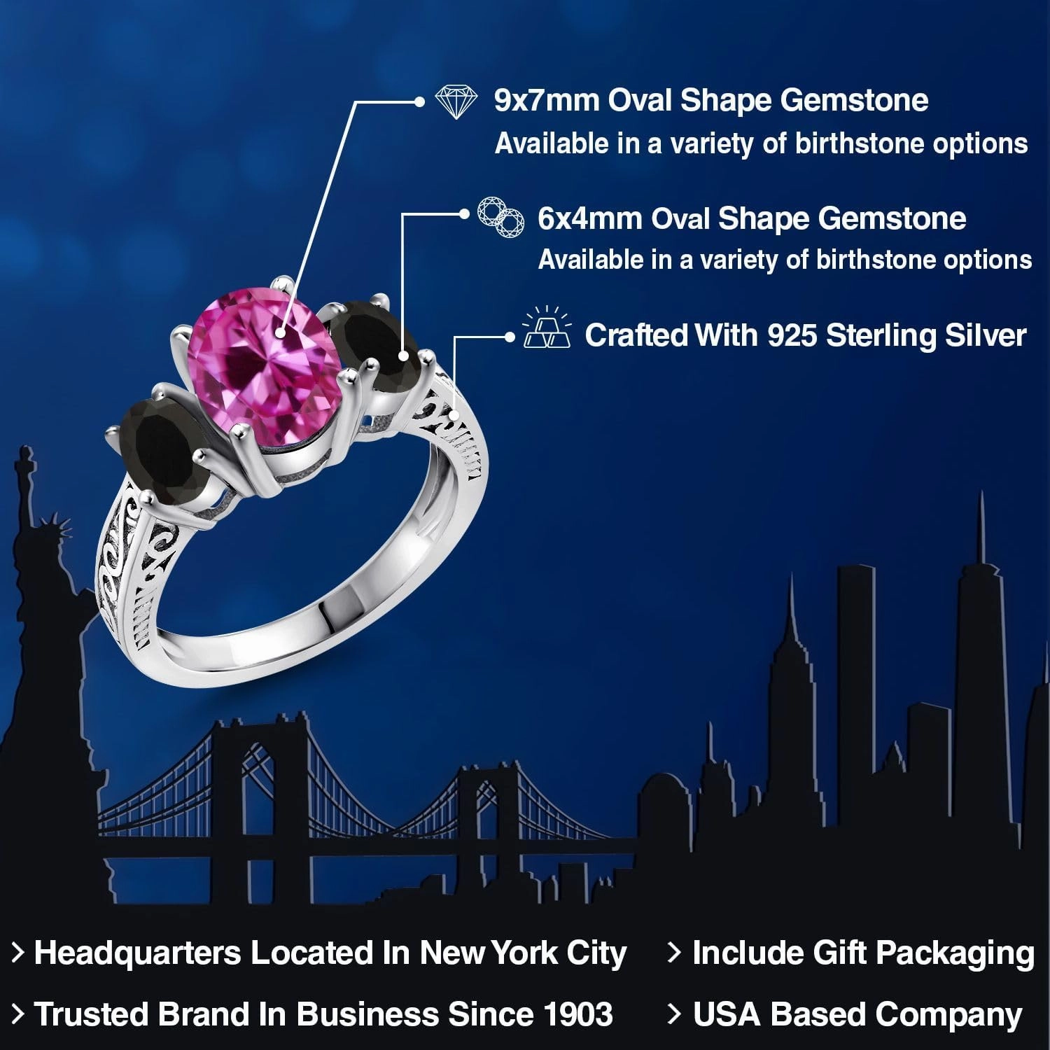 Gem Stone King 925 Sterling Silver Pink Created Sapphire and Black Onyx 3 Stone Women Ring (3.18 Cttw, Gemstone Birthstone, Available In Size 5, 6, 7, 8, 9)