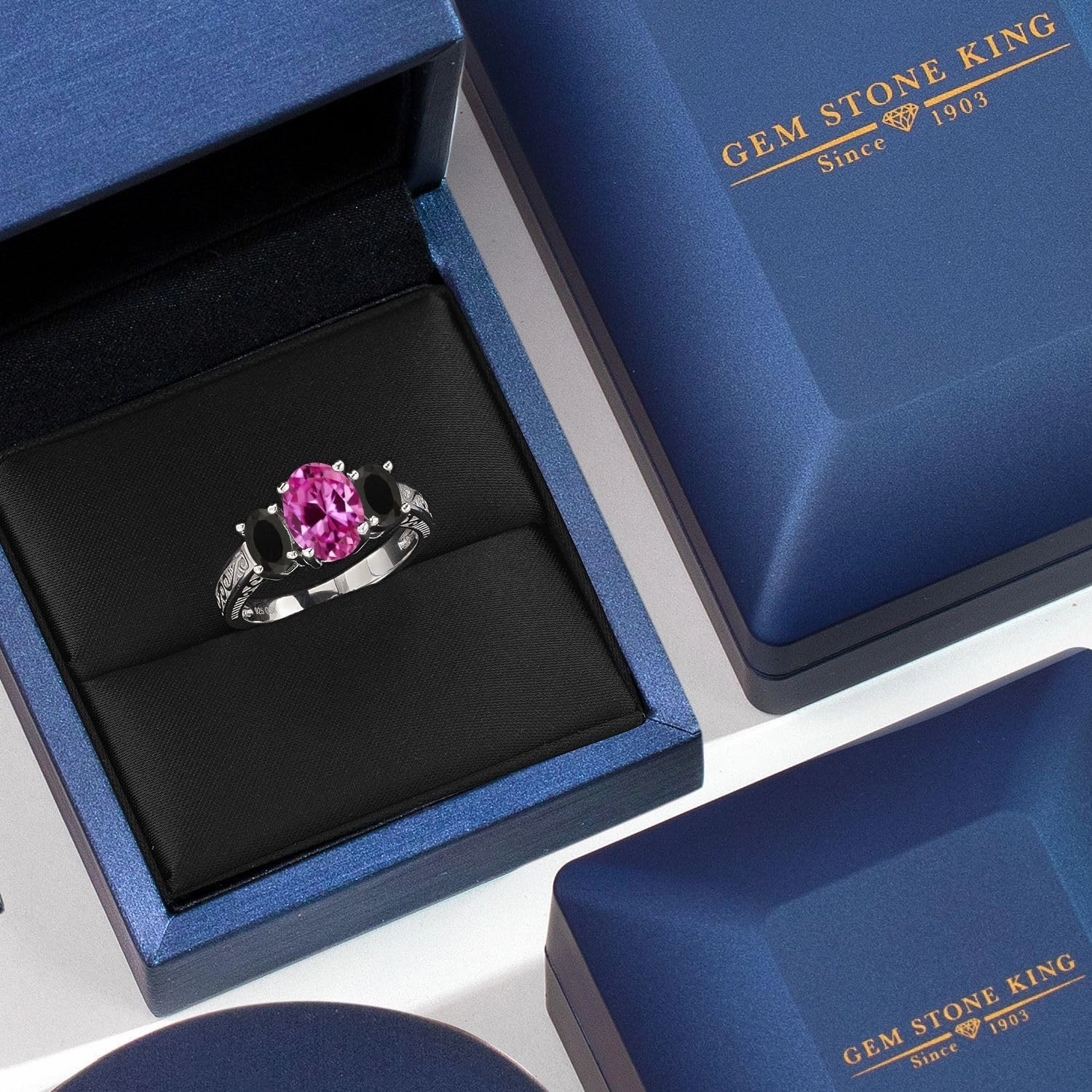 Gem Stone King 925 Sterling Silver Pink Created Sapphire and Black Onyx 3 Stone Women Ring (3.18 Cttw, Gemstone Birthstone, Available In Size 5, 6, 7, 8, 9)