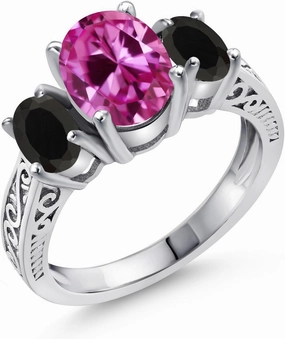Gem Stone King 925 Sterling Silver Pink Created Sapphire and Black Onyx 3 Stone Women Ring (3.18 Cttw, Gemstone Birthstone, Available In Size 5, 6, 7, 8, 9)