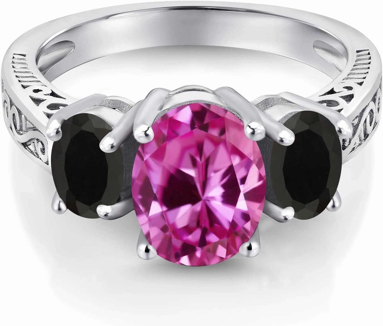 Gem Stone King 925 Sterling Silver Pink Created Sapphire and Black Onyx 3 Stone Women Ring (3.18 Cttw, Gemstone Birthstone, Available In Size 5, 6, 7, 8, 9)