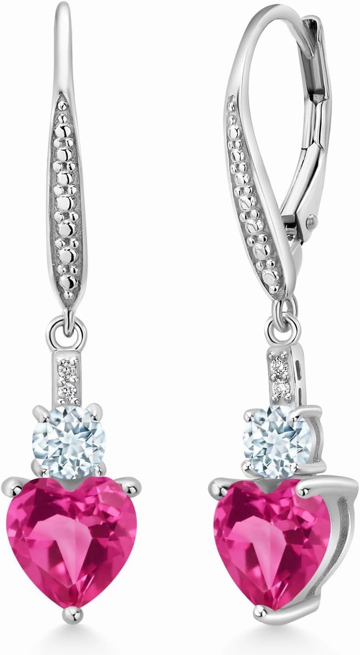 Gem Stone King 925 Sterling Silver Pink Created Sapphire Sky Blue Aquamarine and White Lab Grown Diamond Drop Dangle Earrings For Women (3.33 Cttw, Heart Shape 7MM, Round 4MM)