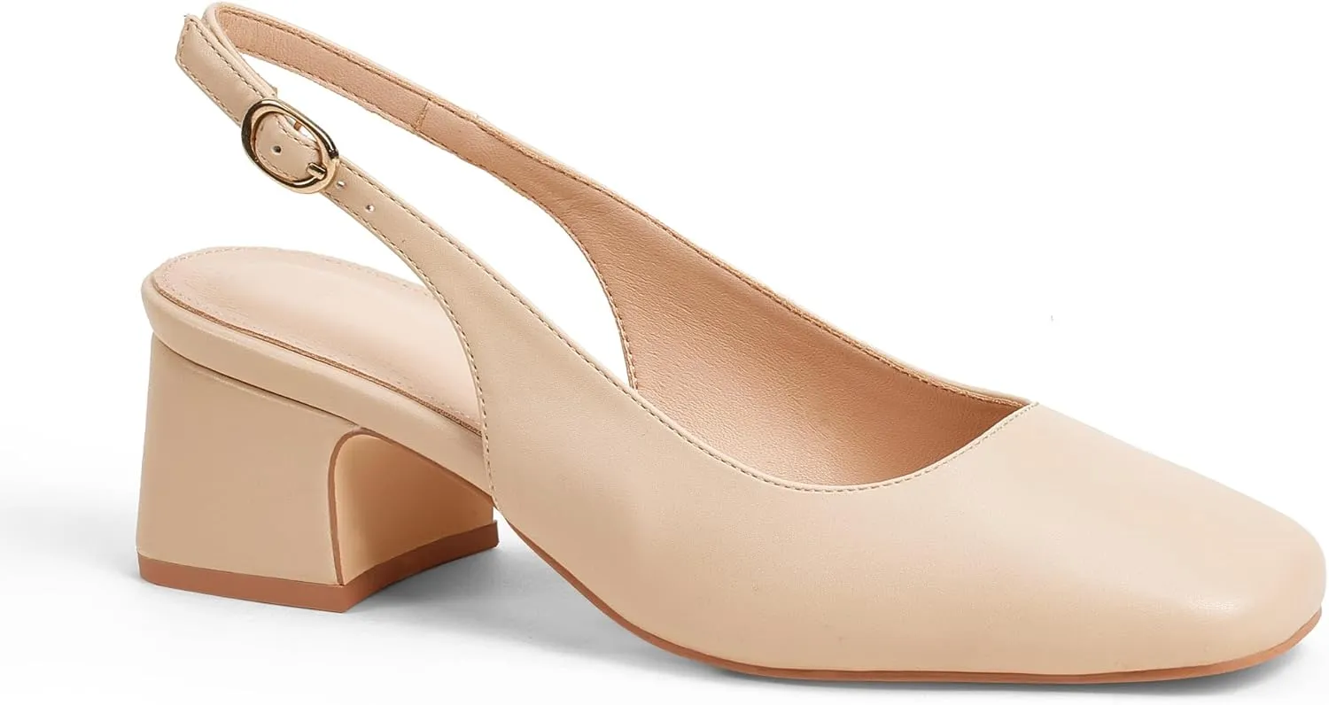 GENSHUO Women's Pumps Square Toe Slingback Low Heels Block Chunky Heel 2.36 Inch Black White Navy Blue Nude Dress Shoes for Daily Office Party