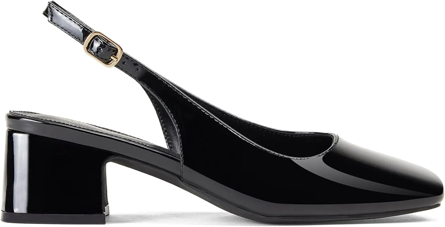 GENSHUO Women's Pumps Square Toe Slingback Low Heels Block Chunky Heel 2.36 Inch Black White Navy Blue Nude Dress Shoes for Daily Office Party