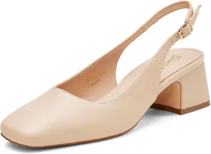 GENSHUO Women's Pumps Square Toe Slingback Low Heels Block Chunky Heel 2.36 Inch Black White Navy Blue Nude Dress Shoes for Daily Office Party