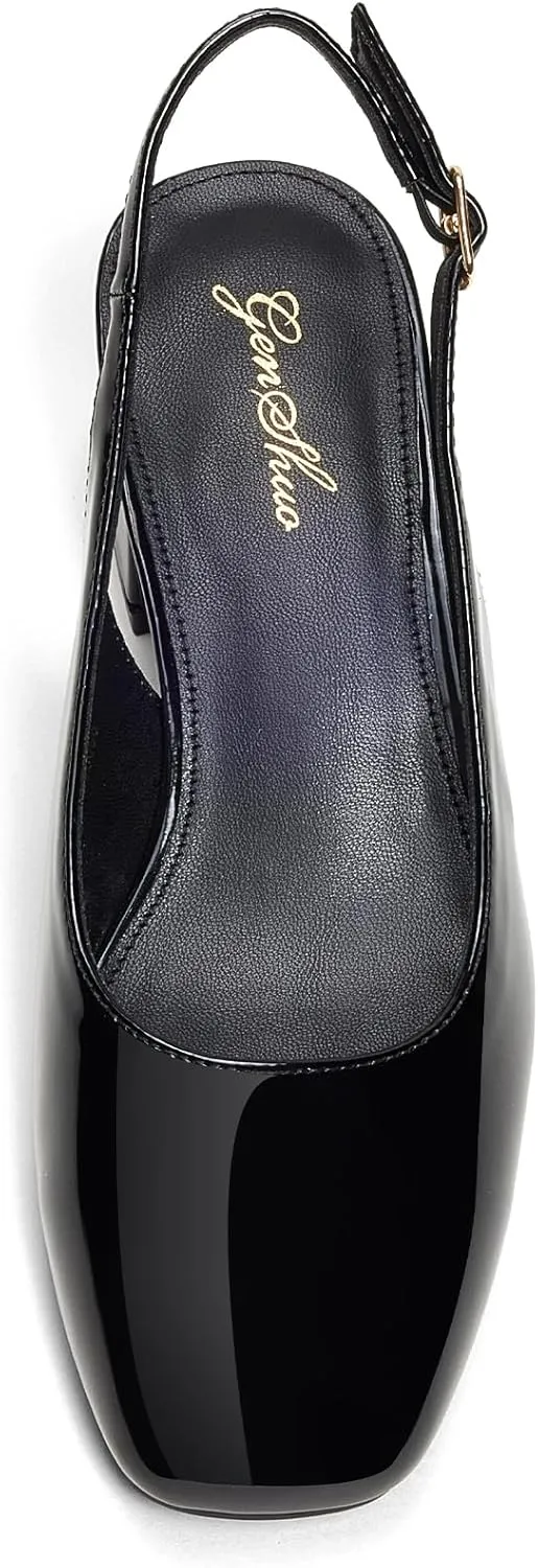 GENSHUO Women's Pumps Square Toe Slingback Low Heels Block Chunky Heel 2.36 Inch Black White Navy Blue Nude Dress Shoes for Daily Office Party