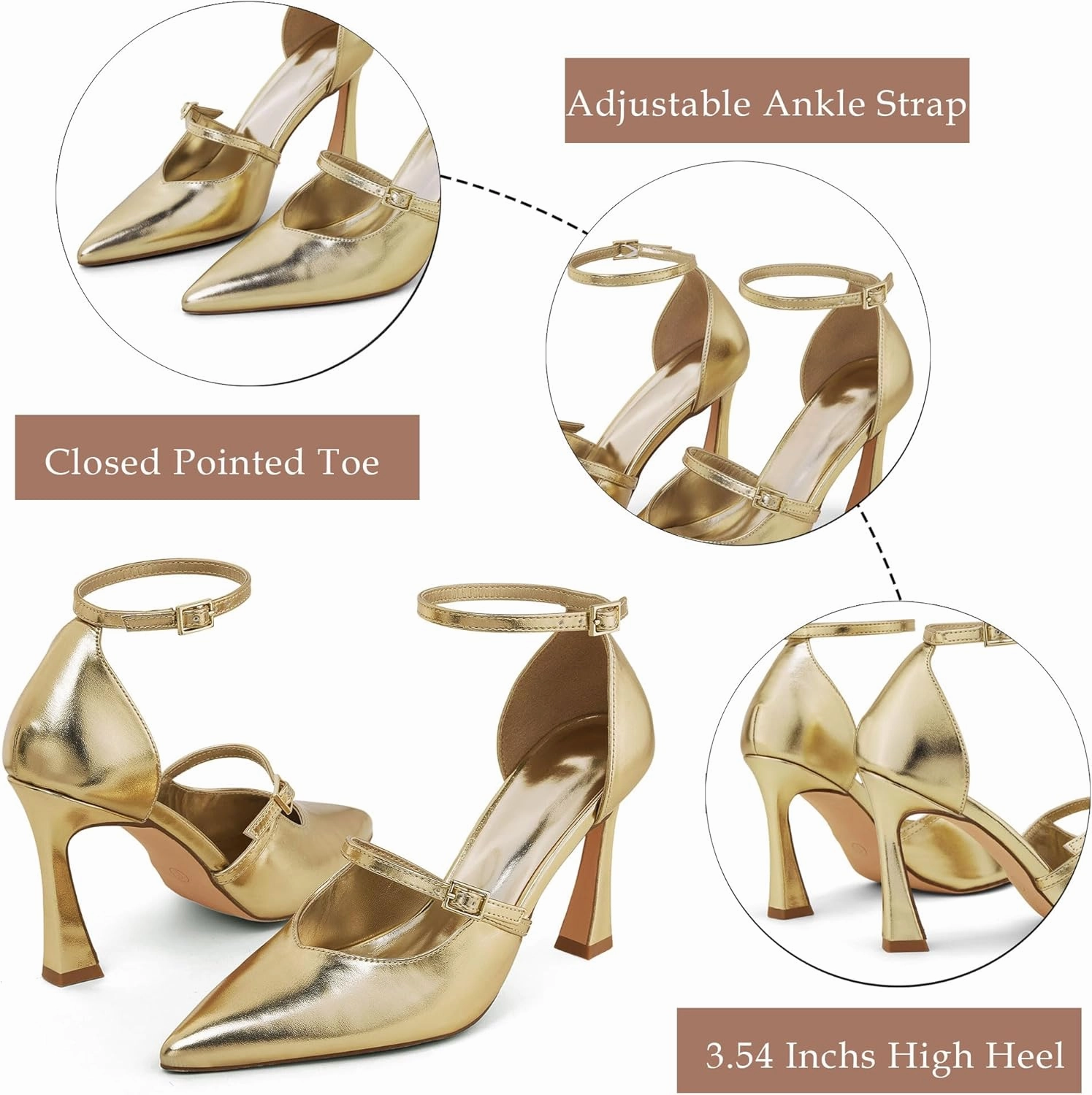 GENSHUO Women's High Heels Closed Toe D'Orsay Stiletto Pointed Toe 3.54 Inch Pumps with Ankle Strap Dress Shoes at Wedding Party Prom Work Dating