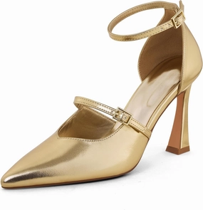 GENSHUO Women's High Heels Closed Toe D'Orsay Stiletto Pointed Toe 3.54 Inch Pumps with Ankle Strap Dress Shoes at Wedding Party Prom Work Dating