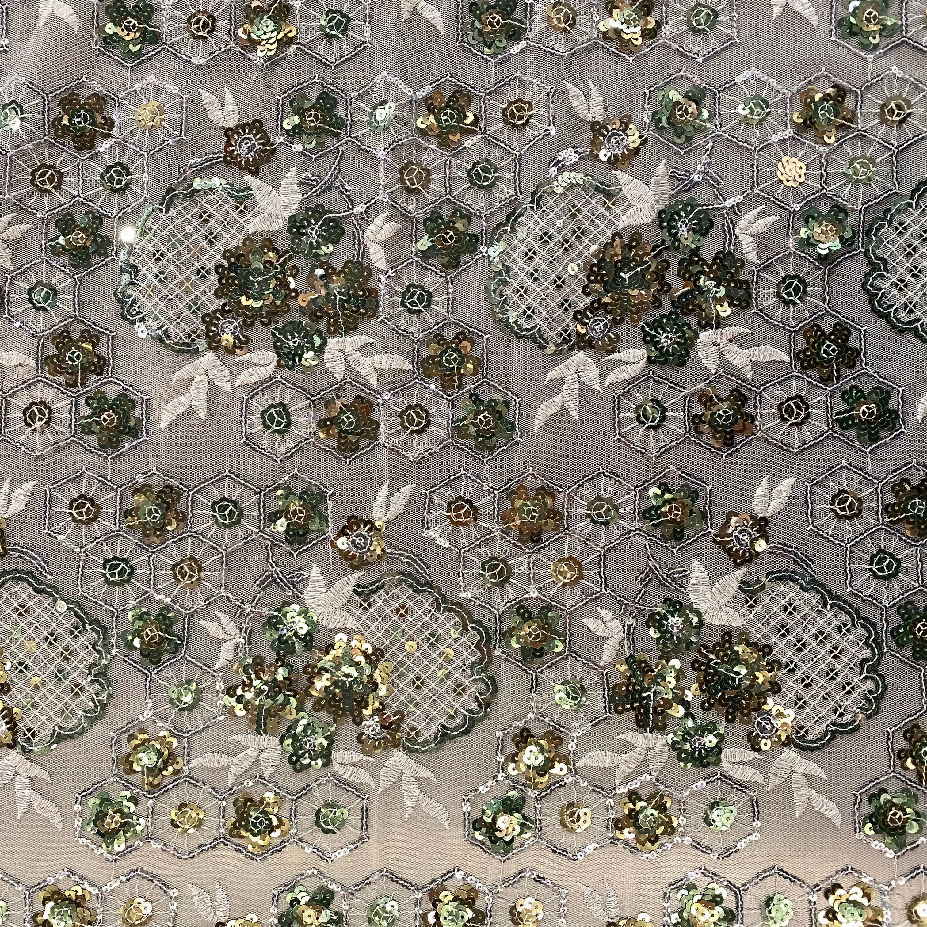 Geometric Floral Vine Sequined Tulle - White/Sea Green