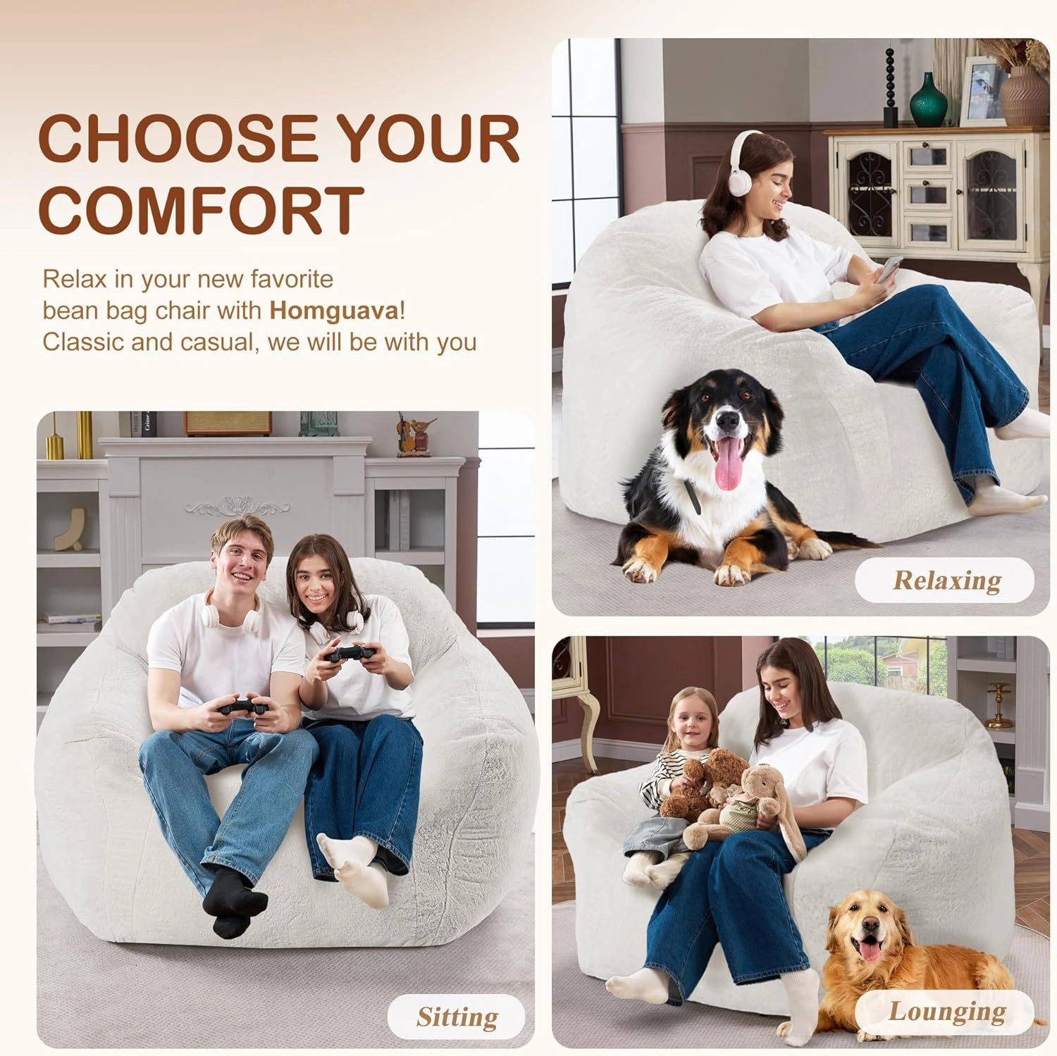 Giant Bean Bag Chair for Adults, Large Memory Foam BeanBag Chairs, Oversized Bean Bag Sofa with Filler, Faux Fur Big Reading Chair Comfy Floor Sofa Chair (Beige)