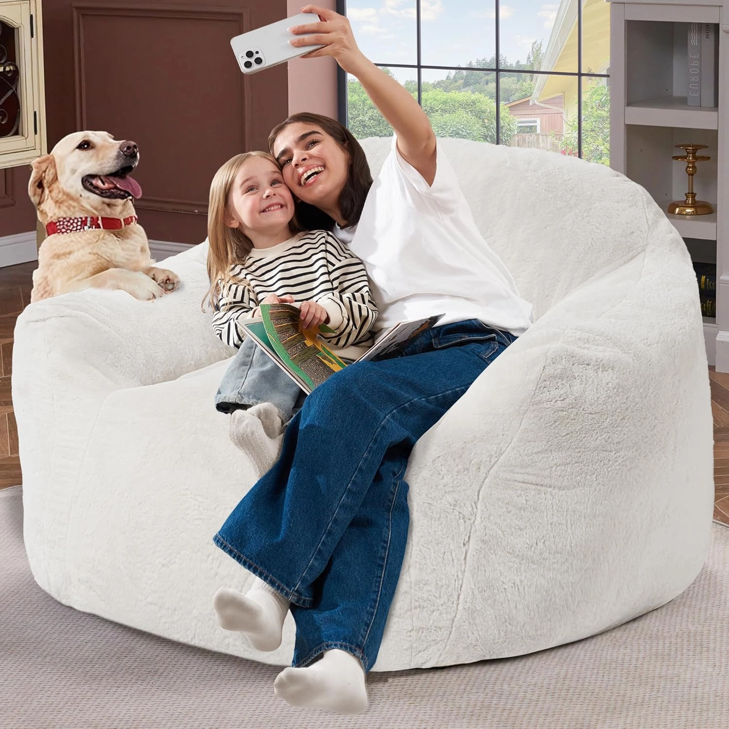 Giant Bean Bag Chair for Adults, Large Memory Foam BeanBag Chairs, Oversized Bean Bag Sofa with Filler, Faux Fur Big Reading Chair Comfy Floor Sofa Chair (Beige)