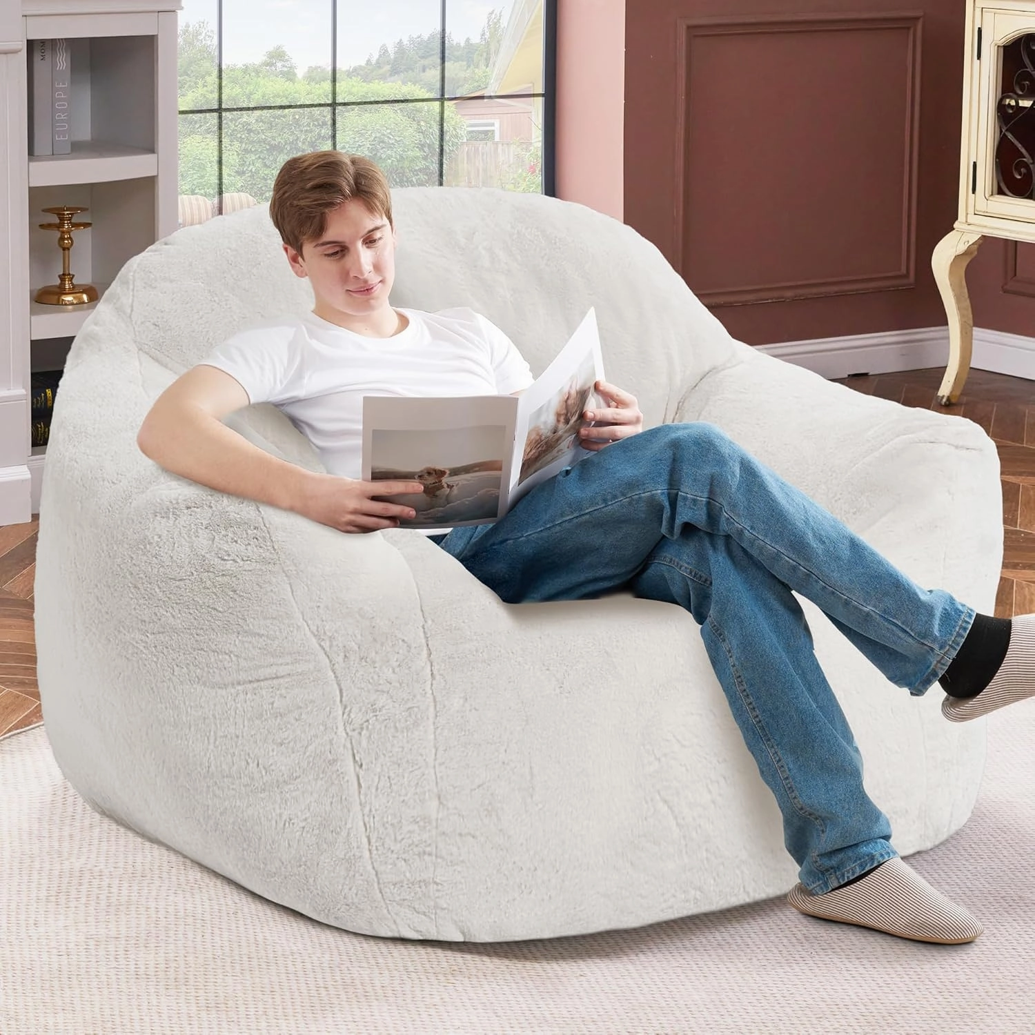 Giant Bean Bag Chair for Adults, Large Memory Foam BeanBag Chairs, Oversized Bean Bag Sofa with Filler, Faux Fur Big Reading Chair Comfy Floor Sofa Chair (Beige)