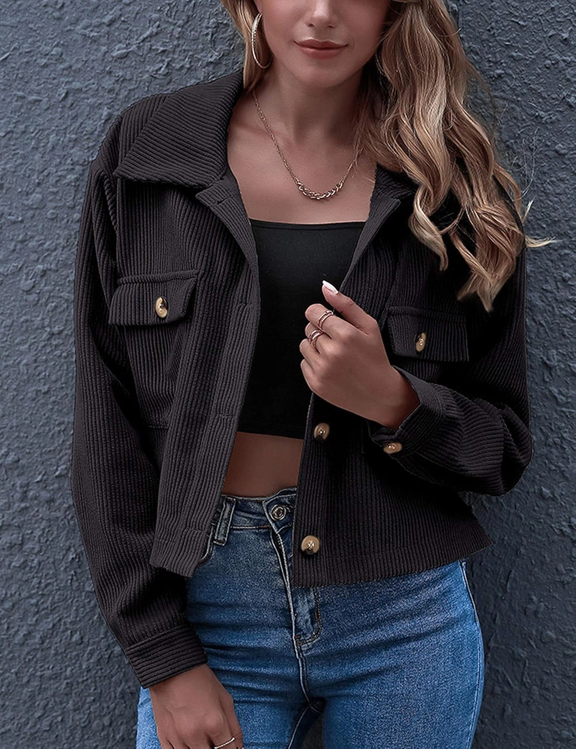 Gihuo Women's Fashion Cropped Shacket Button Down Corduroy Shacket Jackets Casual Plaid Long Sleeve Crop Jackets Tops
