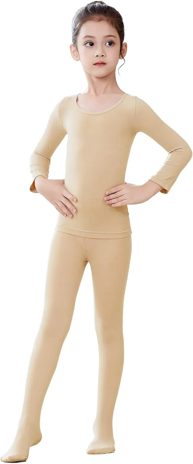 Girls Nude Thermal Set Tops & Footed Tights for Dance/Causal/Performance/Ballet/Sports