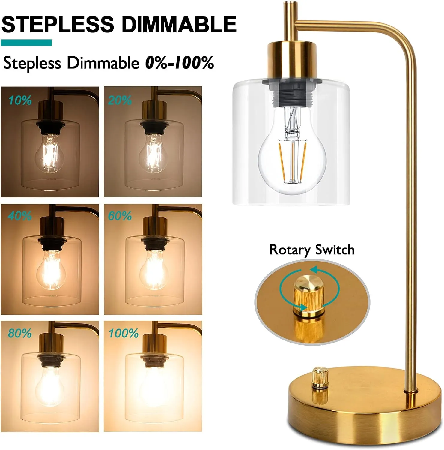 Gold Industrial Table Lamp with 2 USB Ports, Elizabeth Vintage Desk Lamp with Glass Shade, Stepless Dimmable Bedside Reading Lamp for Bedroom Living Room Office, LED Nightstand Lamp with E26 Bulb