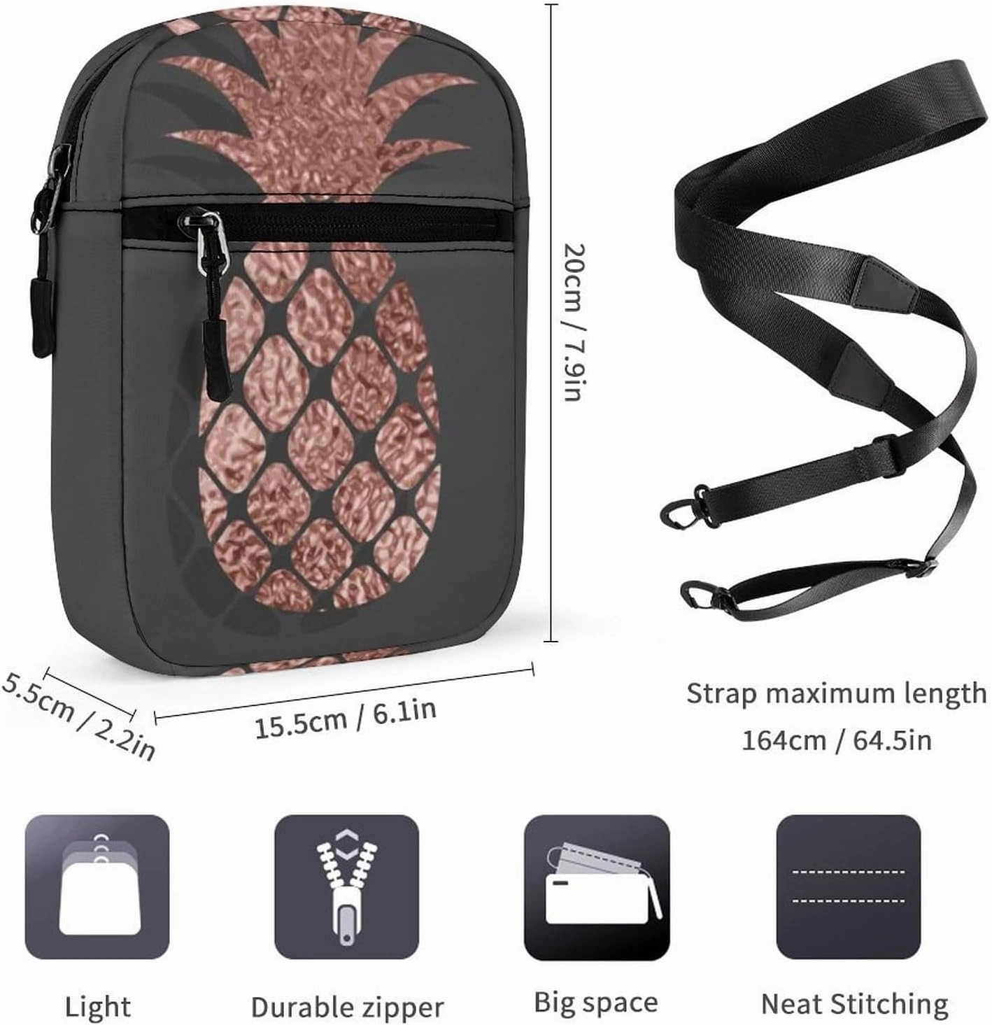 Gold Glittering Rose Pineapple Glossy Exotic Fruit on Dark Brown Adjustable Fanny Waist Pack Pouch, Waterproof Crossbody Runners Bag Wallet for Gym Hiking Fitness Women Men 6.1 x 2.2 x 7.9 inch
