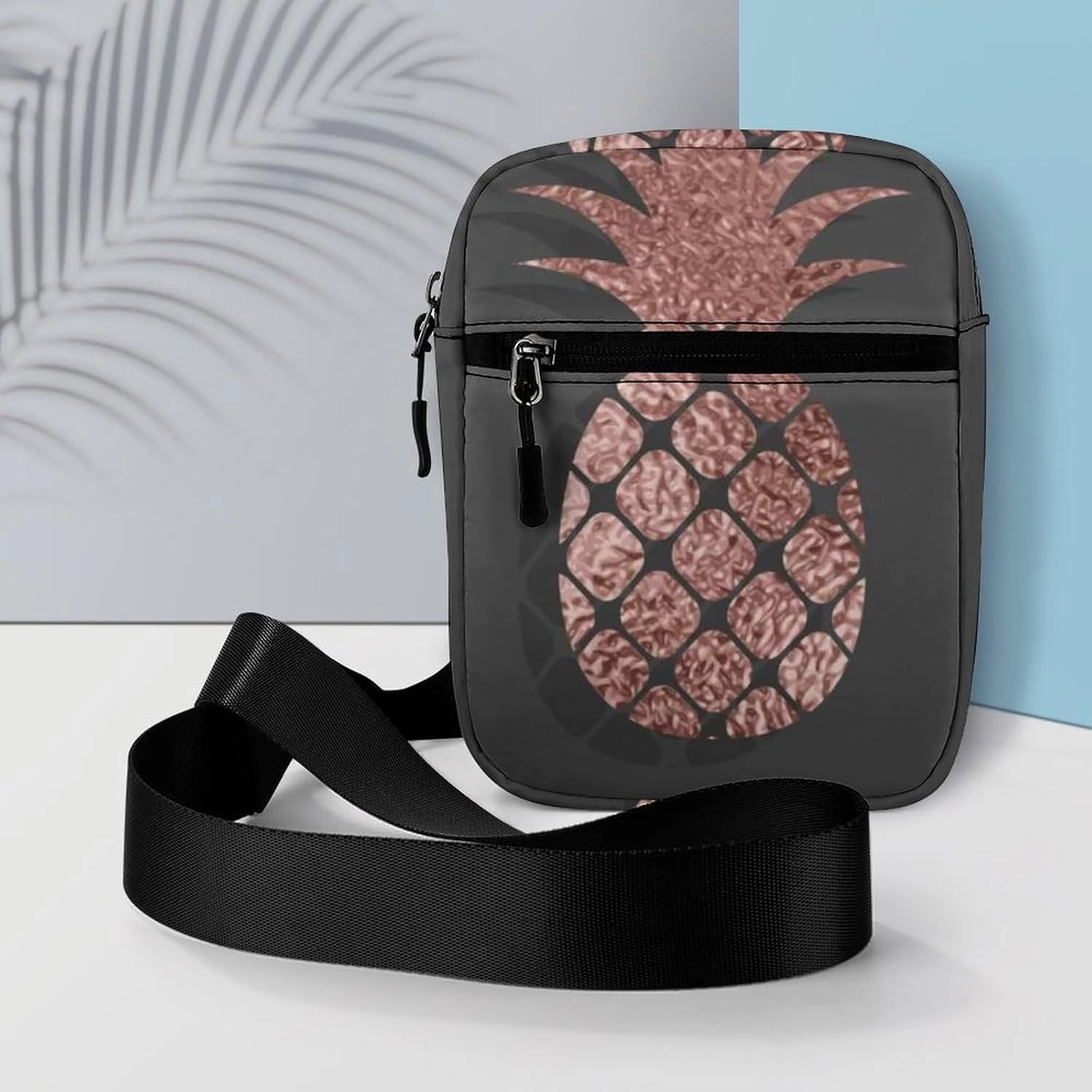 Gold Glittering Rose Pineapple Glossy Exotic Fruit on Dark Brown Adjustable Fanny Waist Pack Pouch, Waterproof Crossbody Runners Bag Wallet for Gym Hiking Fitness Women Men 6.1 x 2.2 x 7.9 inch