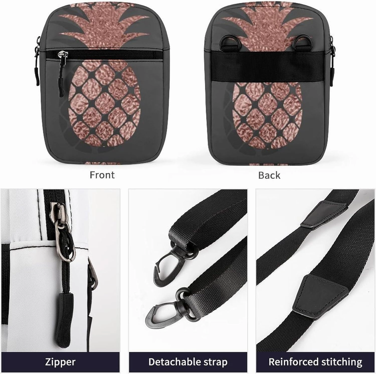 Gold Glittering Rose Pineapple Glossy Exotic Fruit on Dark Brown Adjustable Fanny Waist Pack Pouch, Waterproof Crossbody Runners Bag Wallet for Gym Hiking Fitness Women Men 6.1 x 2.2 x 7.9 inch