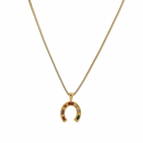 Gold Horseshoe Pendant Necklace with Colorful Gemstones-jltn0683