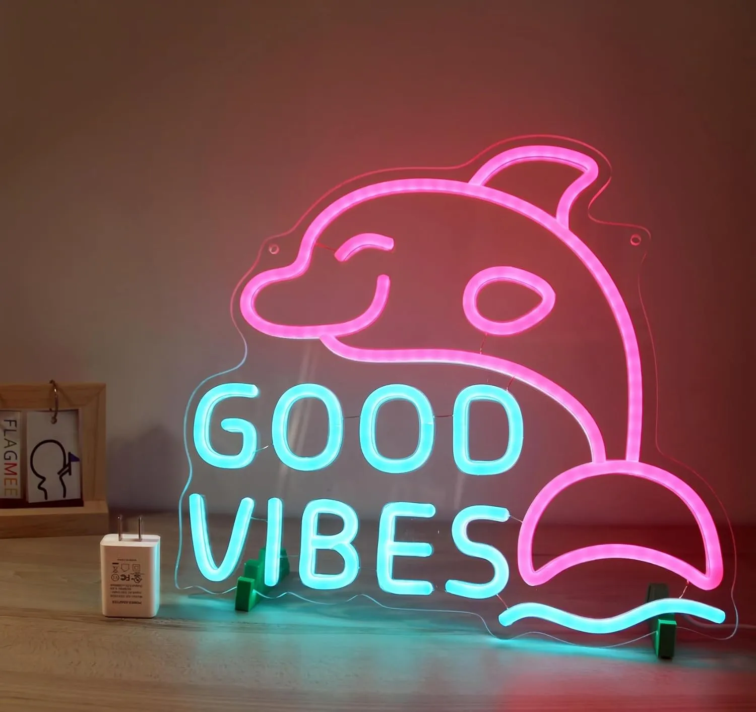Good Vibes Neon Dolphin Sign, Ice Blue & Pink for Bedroom Wall Decor, Party or Happy Hour, Brightness Adjustable | Includes 5V Charger