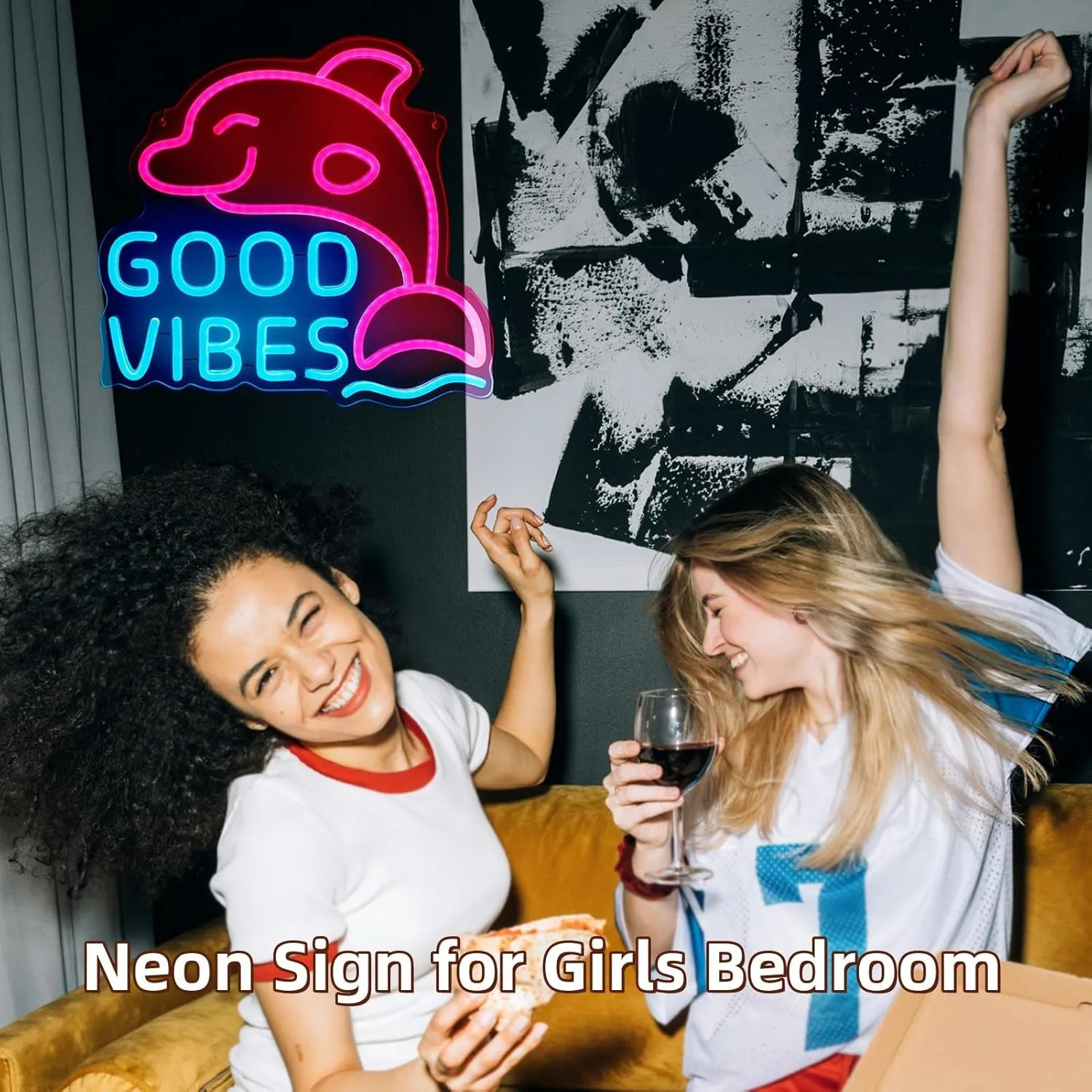 Good Vibes Neon Dolphin Sign, Ice Blue & Pink for Bedroom Wall Decor, Party or Happy Hour, Brightness Adjustable | Includes 5V Charger