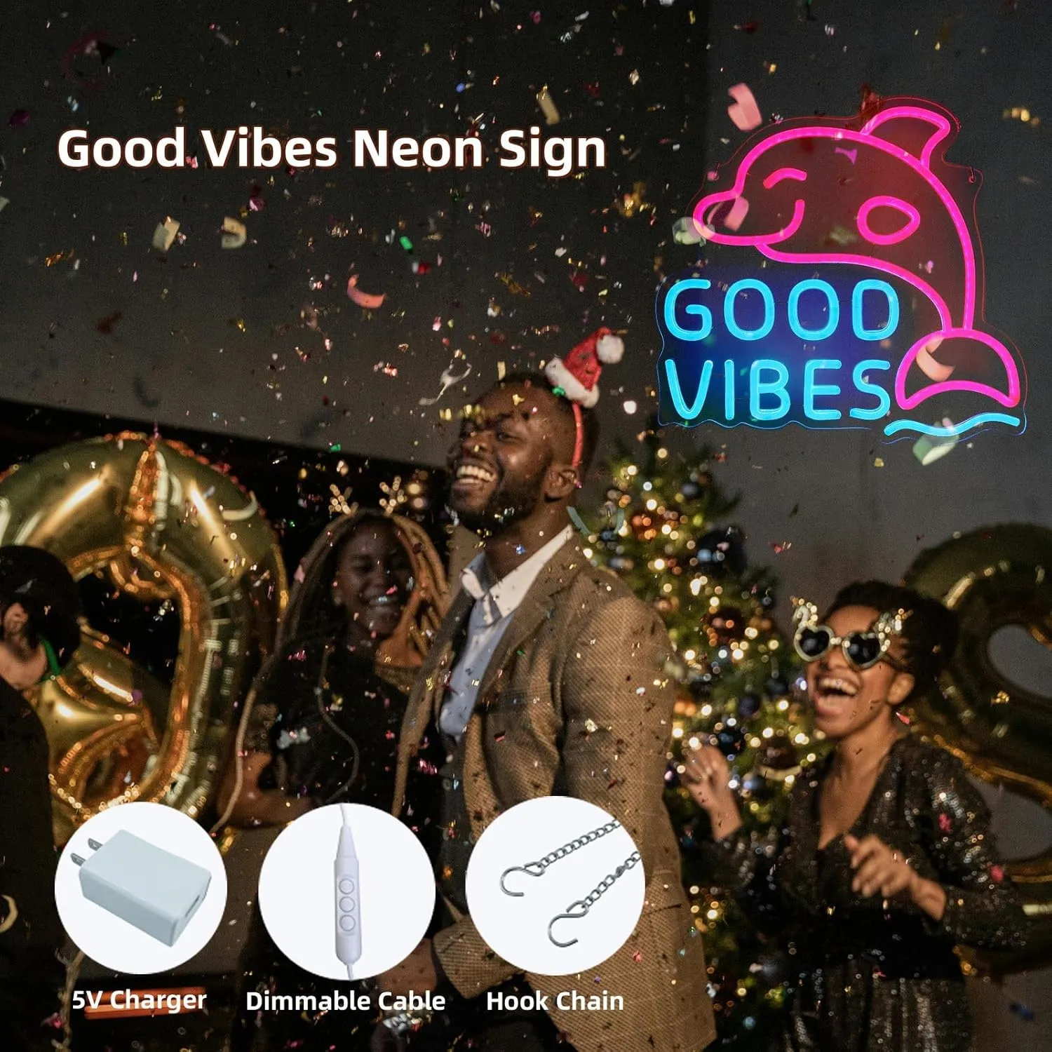 Good Vibes Neon Dolphin Sign, Ice Blue & Pink for Bedroom Wall Decor, Party or Happy Hour, Brightness Adjustable | Includes 5V Charger