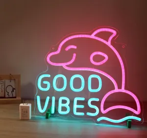 Good Vibes Neon Dolphin Sign, Ice Blue & Pink for Bedroom Wall Decor, Party or Happy Hour, Brightness Adjustable | Includes 5V Charger