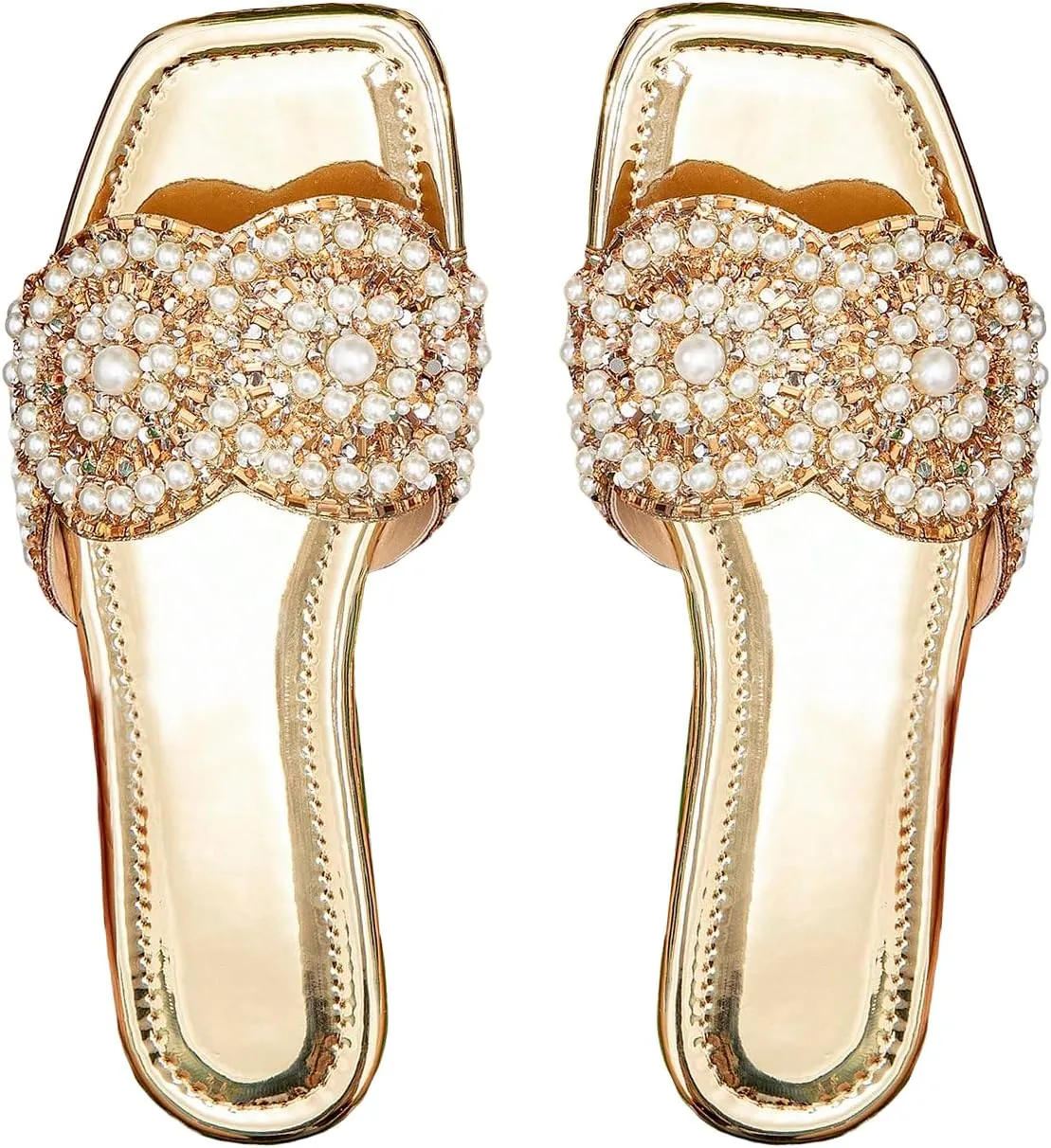 GORGLITTER Women's Gold Sparkly Flat Sandals Dressy Rhinestone Bling Metallic Comfortable Slides Sandal