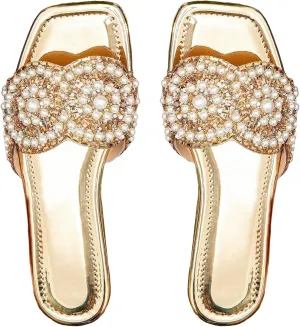 GORGLITTER Women's Gold Sparkly Flat Sandals Dressy Rhinestone Bling Metallic Comfortable Slides Sandal