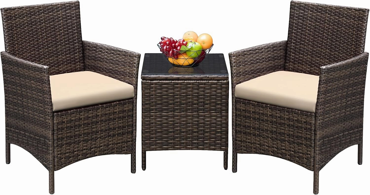 Greesum 3 Pieces Patio Furniture Sets Outdoor PE Rattan Wicker Chairs with Soft Cushion and Glass Coffee Table for Garden Backyard Porch Poolside, Brown and Beige