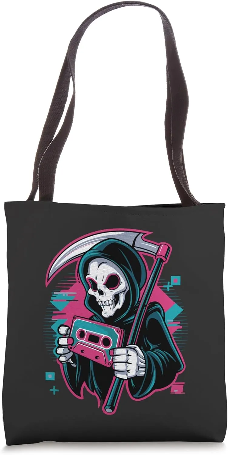 Grim Grooves Retro Reaper's Funky Synthwave Style Tote Bag