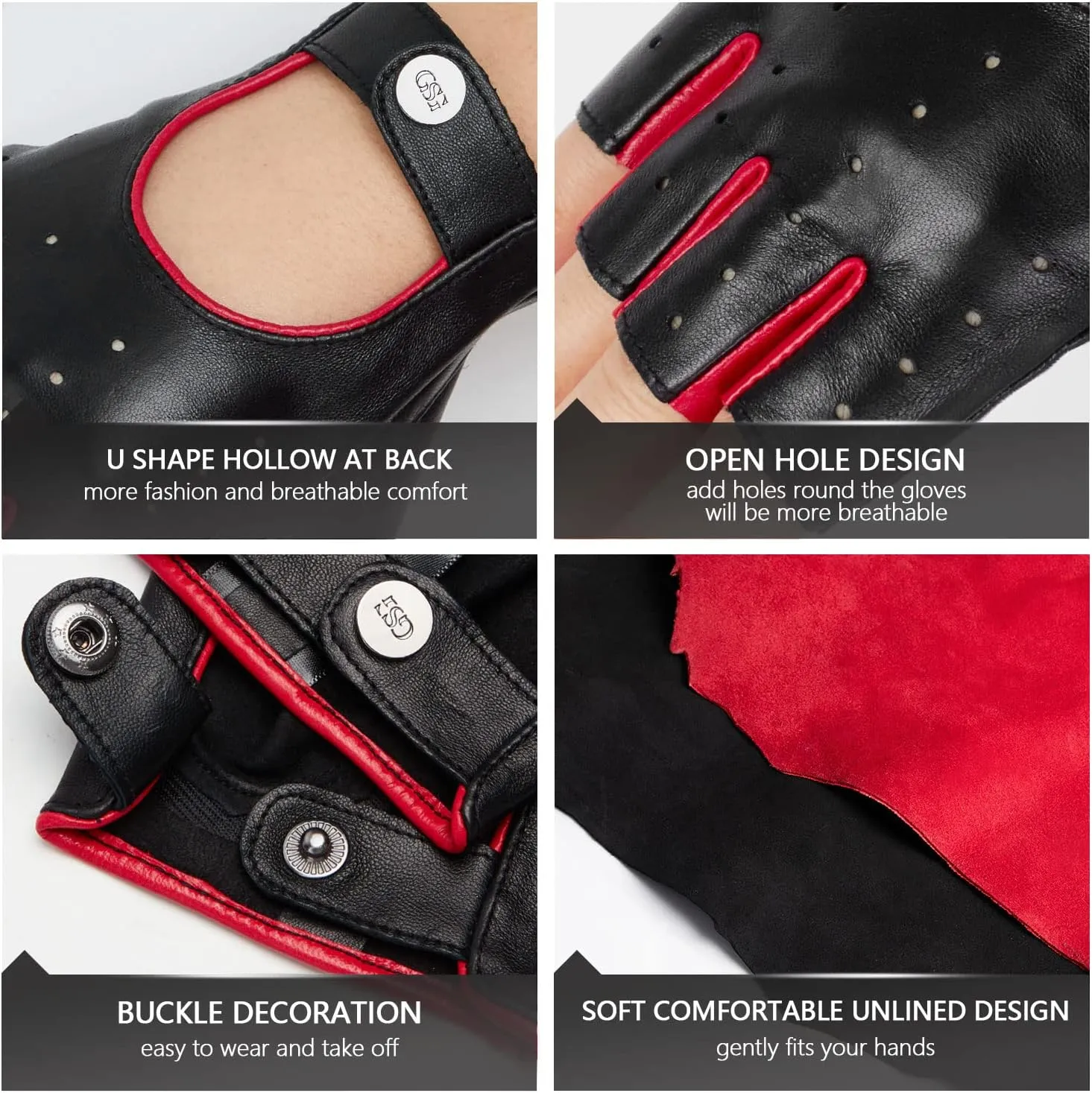GSG Women Fingerless Leather Gloves - Driving Motorcycle Biker Gloves - Unlined Half Finger