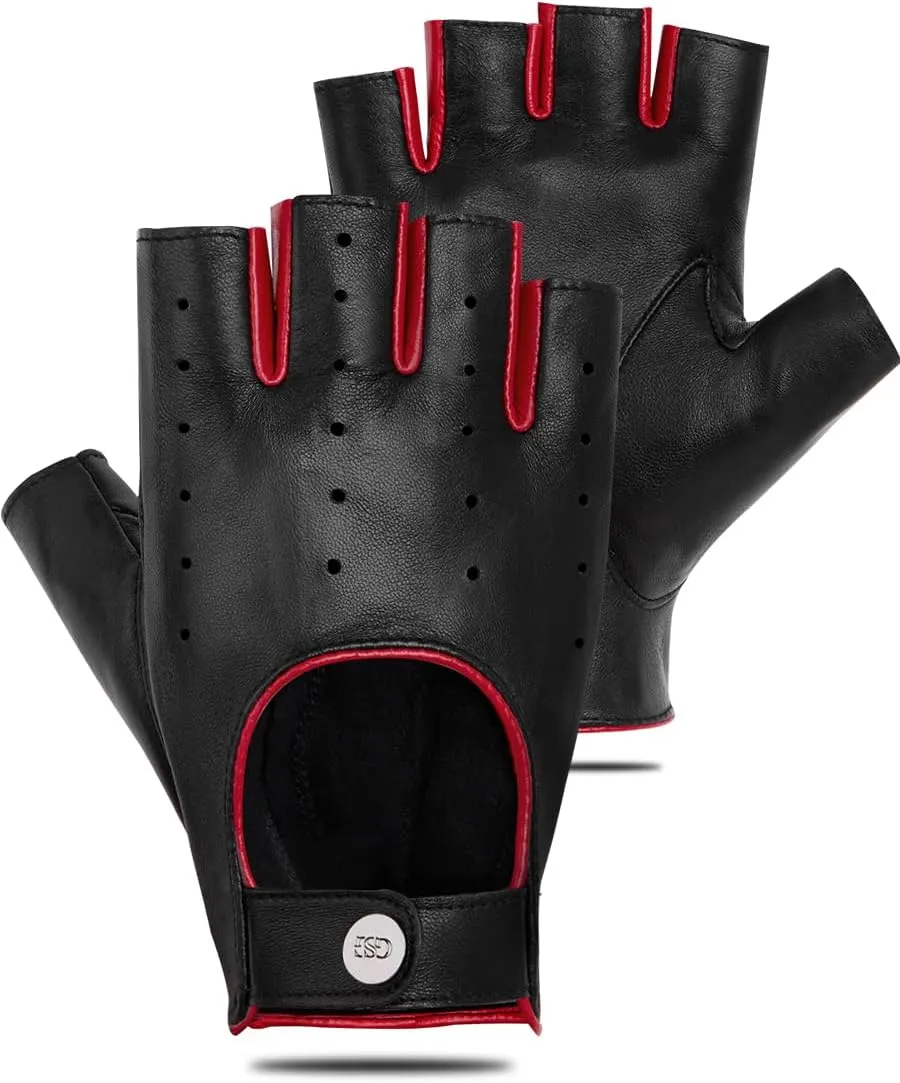 GSG Women Fingerless Leather Gloves - Driving Motorcycle Biker Gloves - Unlined Half Finger